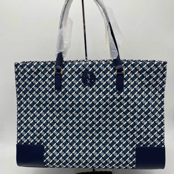 Tory Burch Women’s Ella Nylon Printed Tote Multi Geo logo Bag Navy Green - Picture 2 of 5
